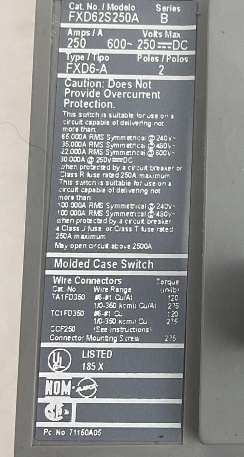 SIEMENS FXD62S250A CIRCUIT BREAKER 250A 600V 50-60HZ 2POLE SER.B