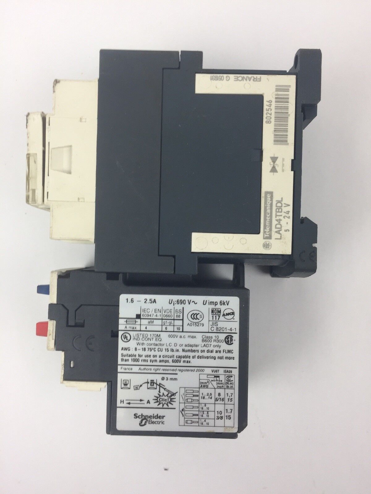 TELEMECANIQUE LC1D09BL CONTACTOR LRD07 OVERLOAD RELAY 1.6-2.5A LAD4TBDL 24V