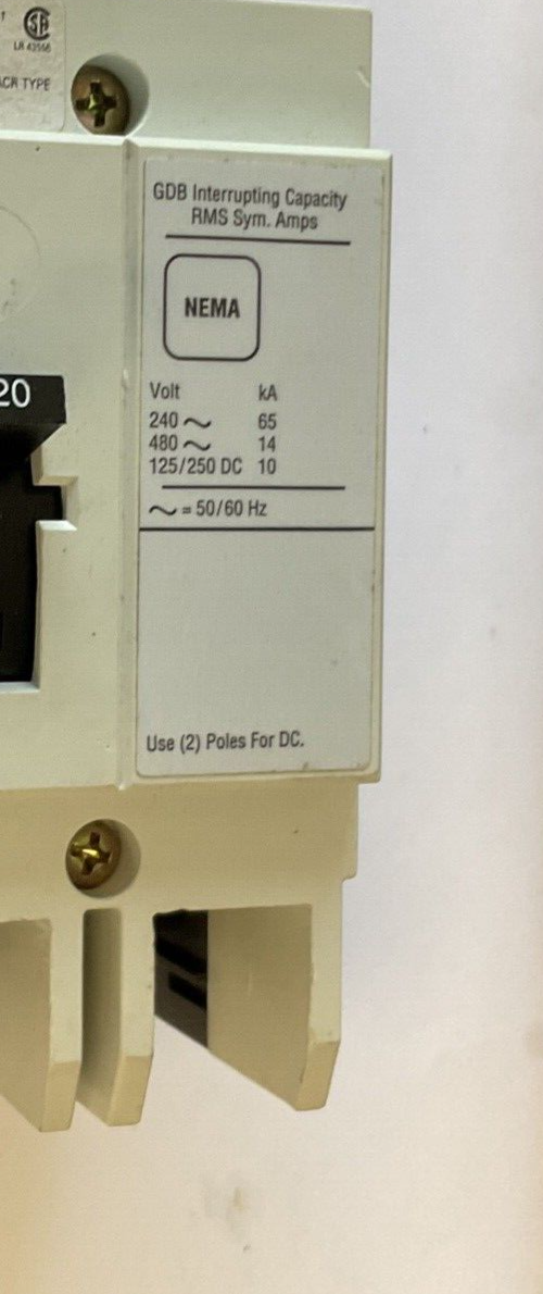 WESTINGHOUSE GDB 14K CIRCUIT BREAKER 20A 480VAC 3POLE 50/60HZ