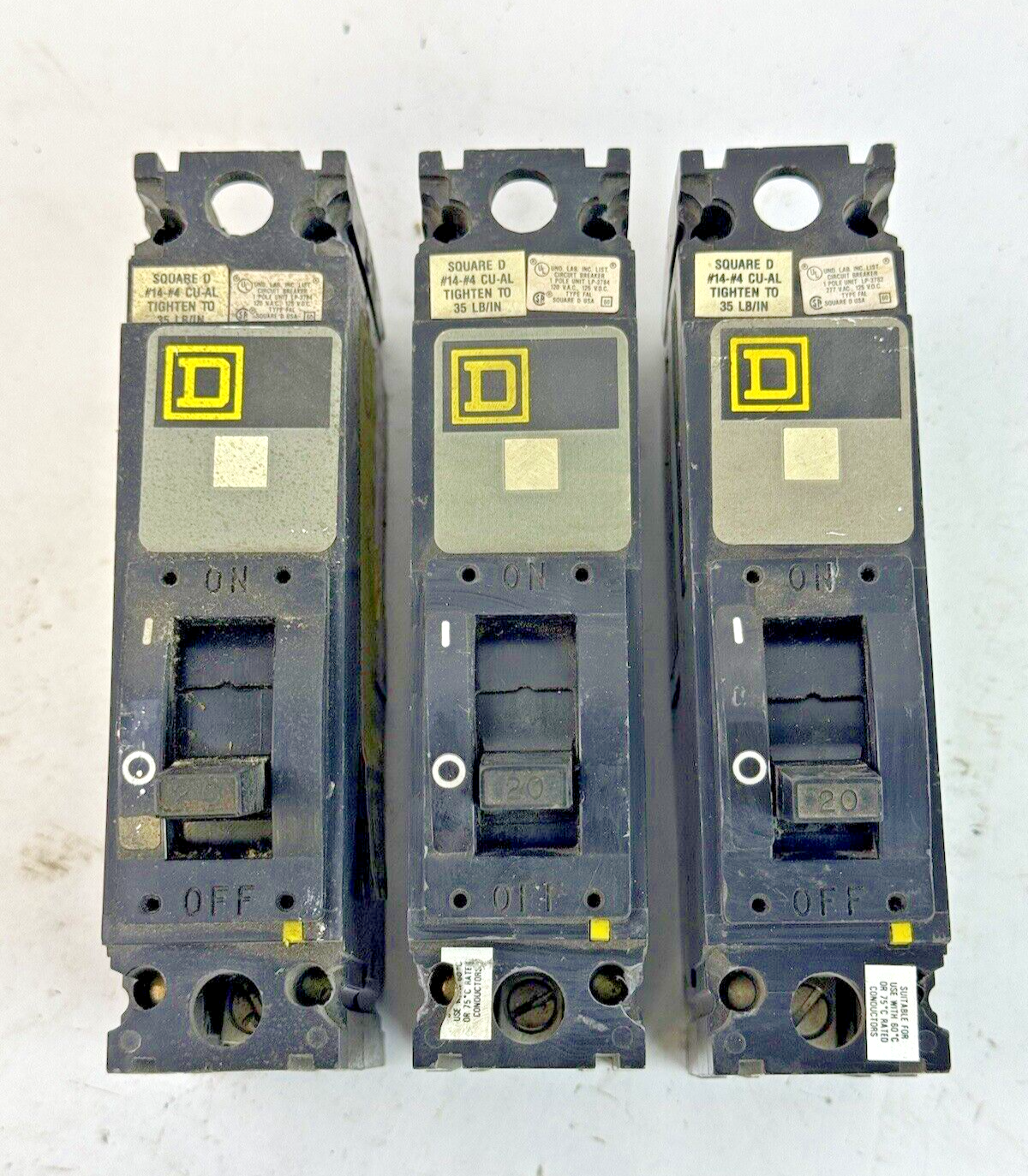 SQUARE D **LOT OF 3** FAL14020 - CIRCUIT BREAKERS - 1 POLE/ 20A/ 120 VAC 120 VDC
