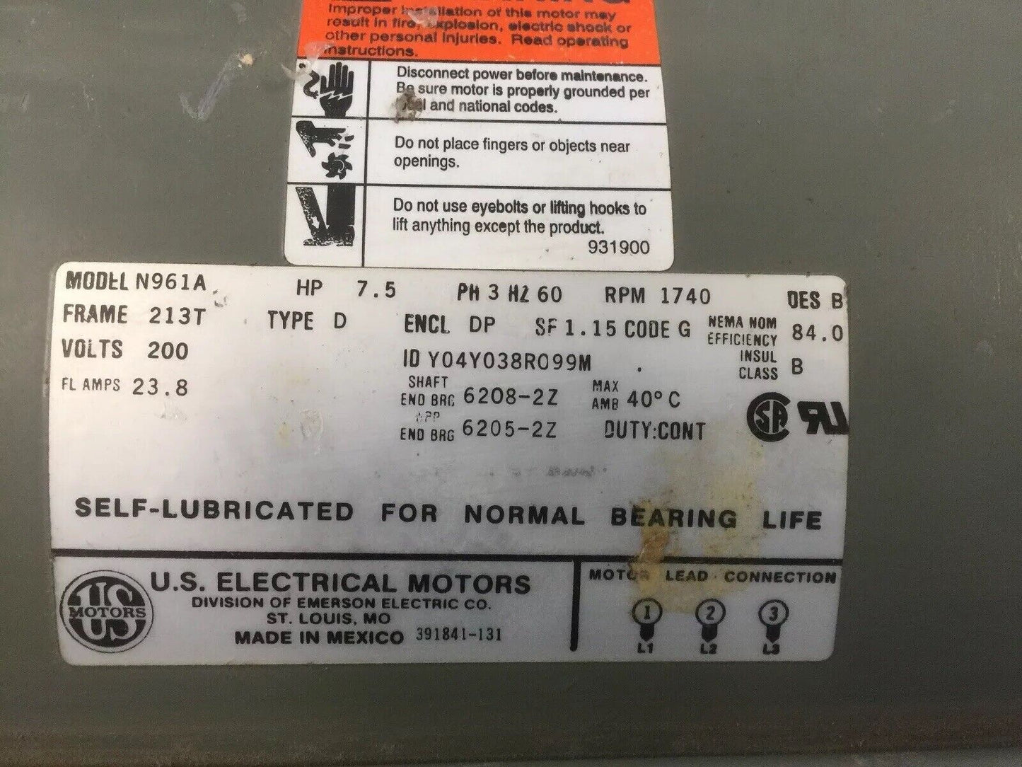 US ELECTRICAL MOTORS N961A MOTOR 7.5HP 3PH 60HZ 1740RPM 200V TYPE D Y04Y033R099M