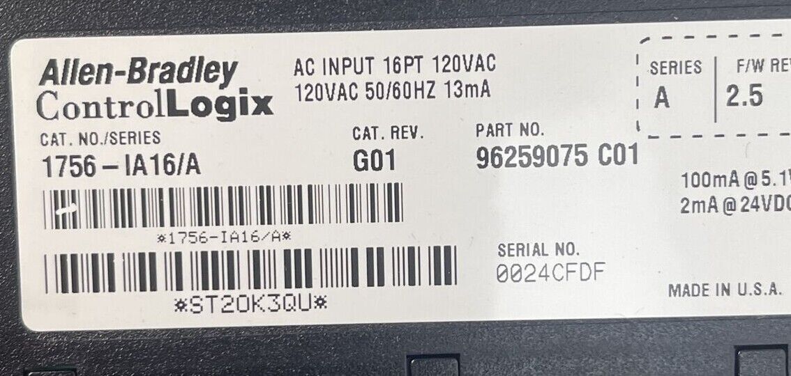 ALLEN BRADLEY 1756-IA16 CAT REV G01 F/W REV 2.5 SER A AC INPUT 16PT 120VAC
