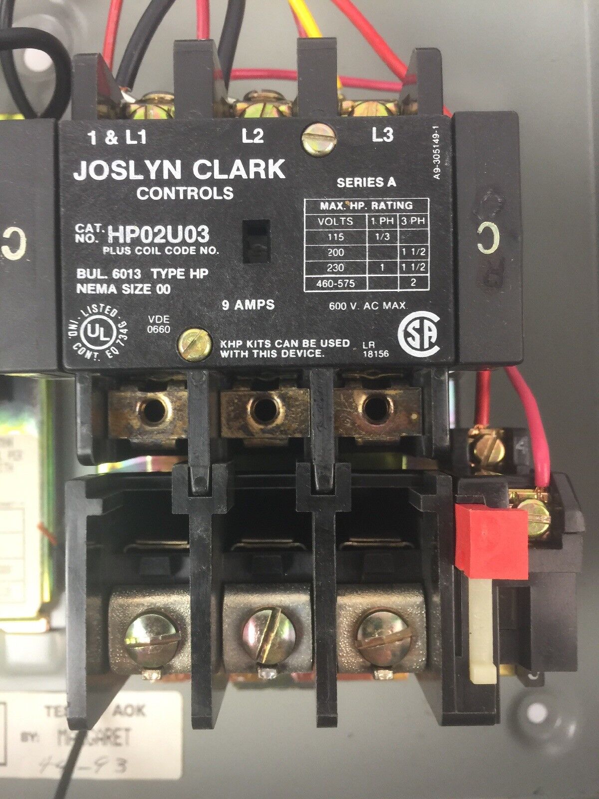 JOSLYN CLARK HP02AB3-T46 HP STARTER 600VAC SIZE 00 2HP COIL 110-120V 60HZ