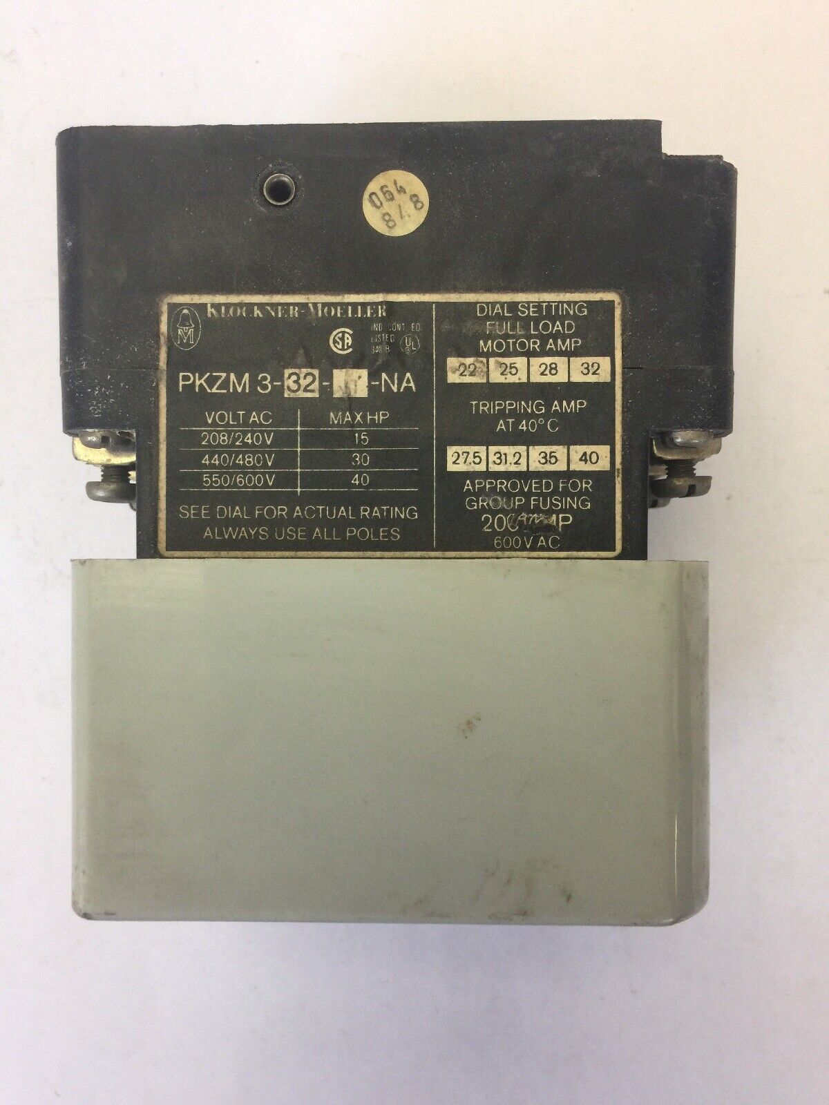 KLOCKNER MOELLER PKZM 3-32-U-NA 600VAC 40HP MANUAL MOTOR STARTER 22-32A