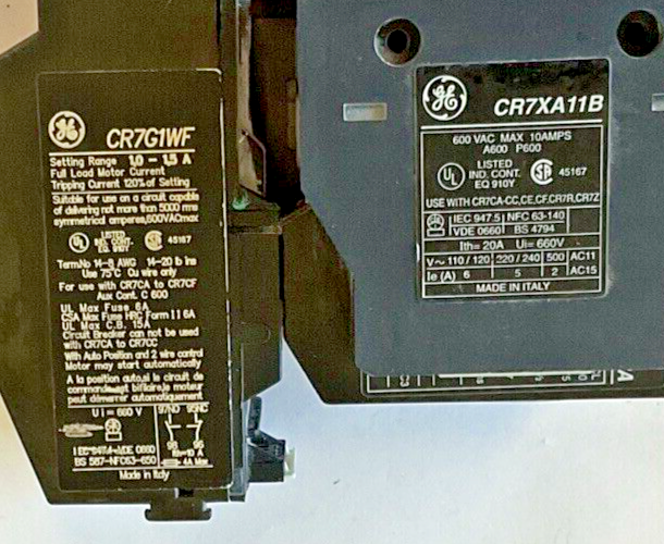 GENERAL ELECTRIC CR7CA-10 STARTER W/CR7XA11B AUX CONTACT CR7G1WF RELAY