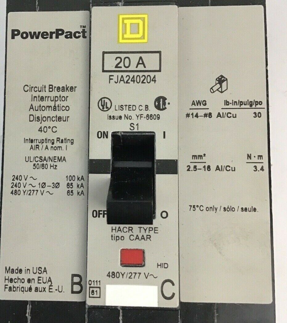 SQUARE D FJA240204 POWERPACT CIRCUIT BREAKER 20A 2POLE 480Y/277VAC