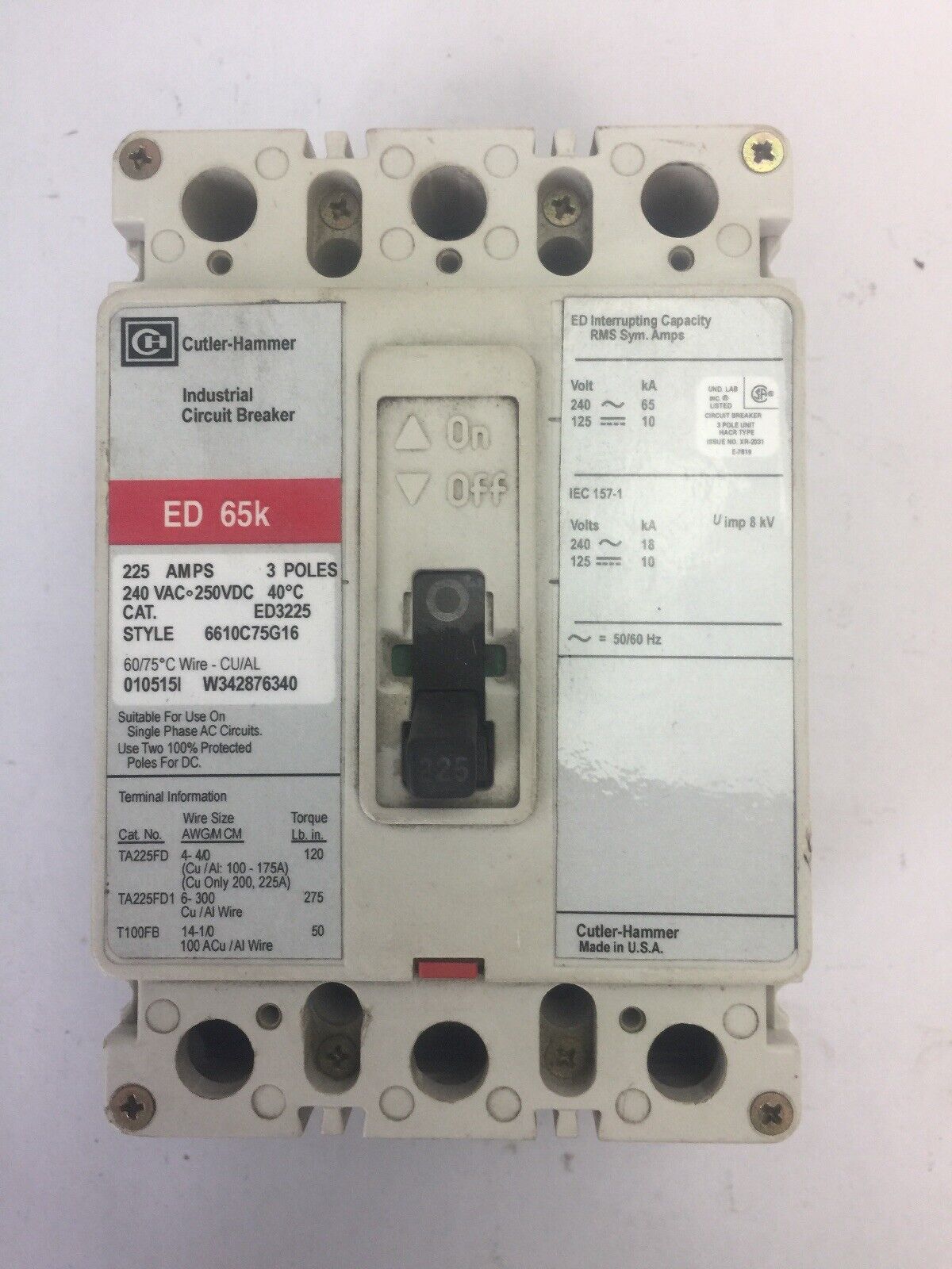 CUTLER HAMMER ED3225 INDUSTRIAL CIRCUIT BREAKER 225AMPS 240VAC 250VDC 3 POLES
