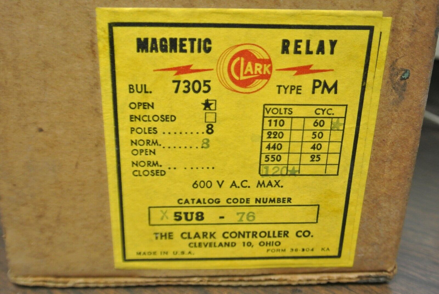 CLARK 5U8-76 / RELAY BUL. 7305 TYPE PM / 8 N.O. / 110-120V COIL / NEW SURPLUS