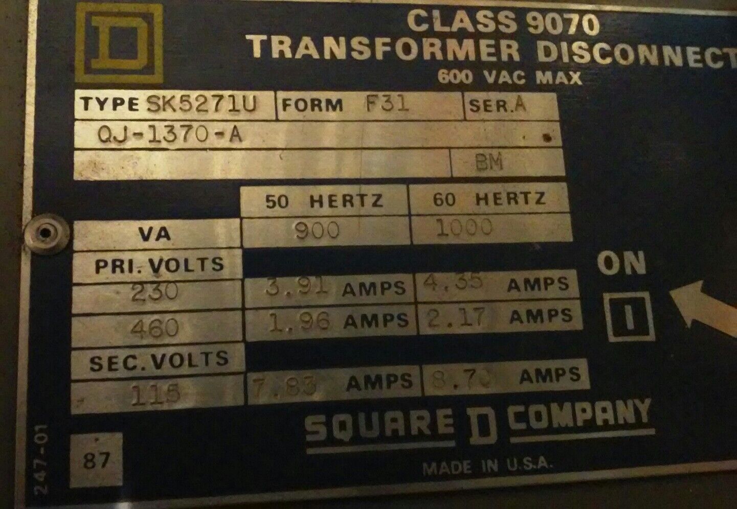 Square D Transformer Disconnect - Class 9070 - Type SK5271U (QJ-1370-A) - 600 V