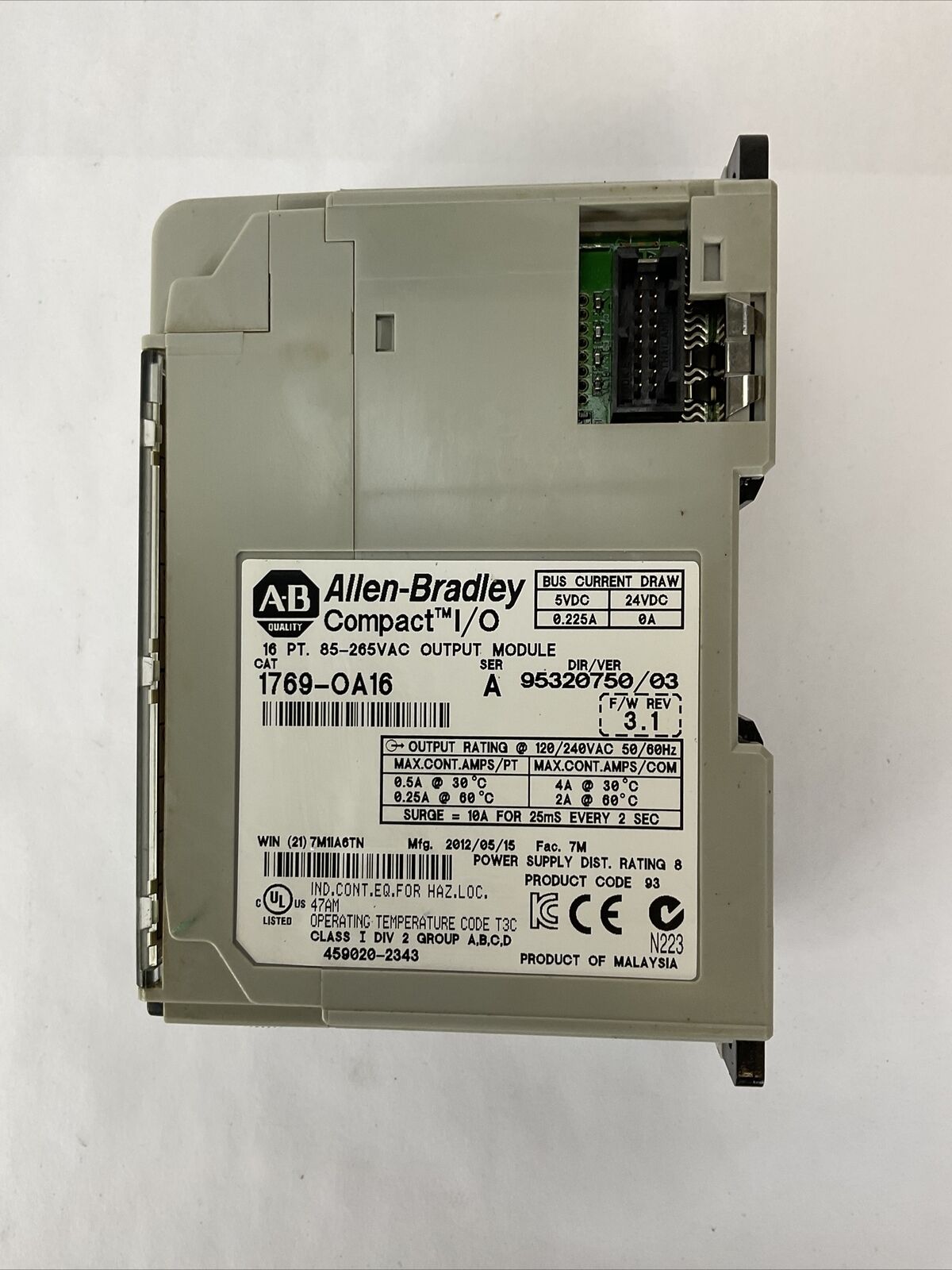 ALLEN BRADLEY 1769-OA16 SER A F/W REV 3.1 DIR/VER 95320750/03 16PT 85-265VAC