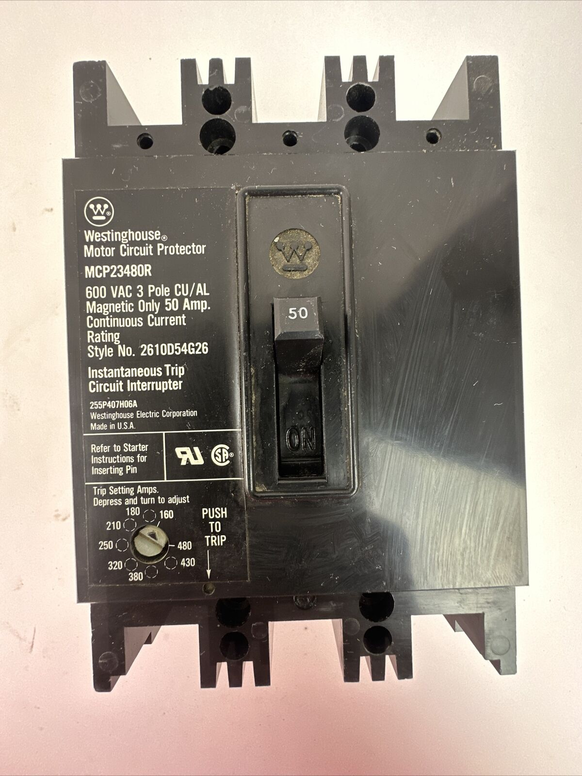 WESTINGHOUSE MCP23480R MOTOR CIRCUIT PROTECTOR 3P 50A 600VAC TRIP RANGE 160-480