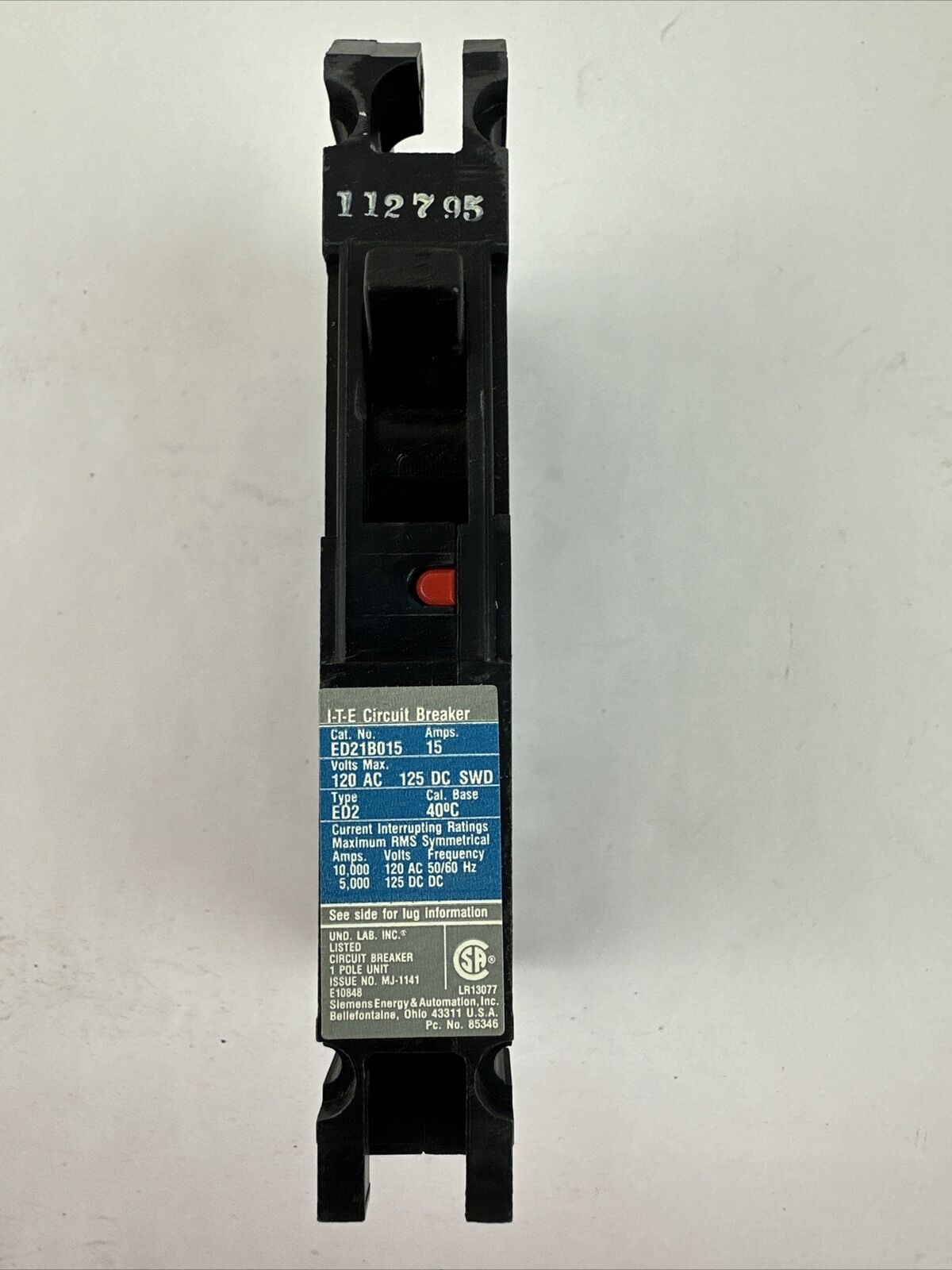 SIEMENS ITE ED21B015 MOLDED CASE CIRCUIT BREAKER 15A 1P 120VAC 125VDC (BOX OF 3)