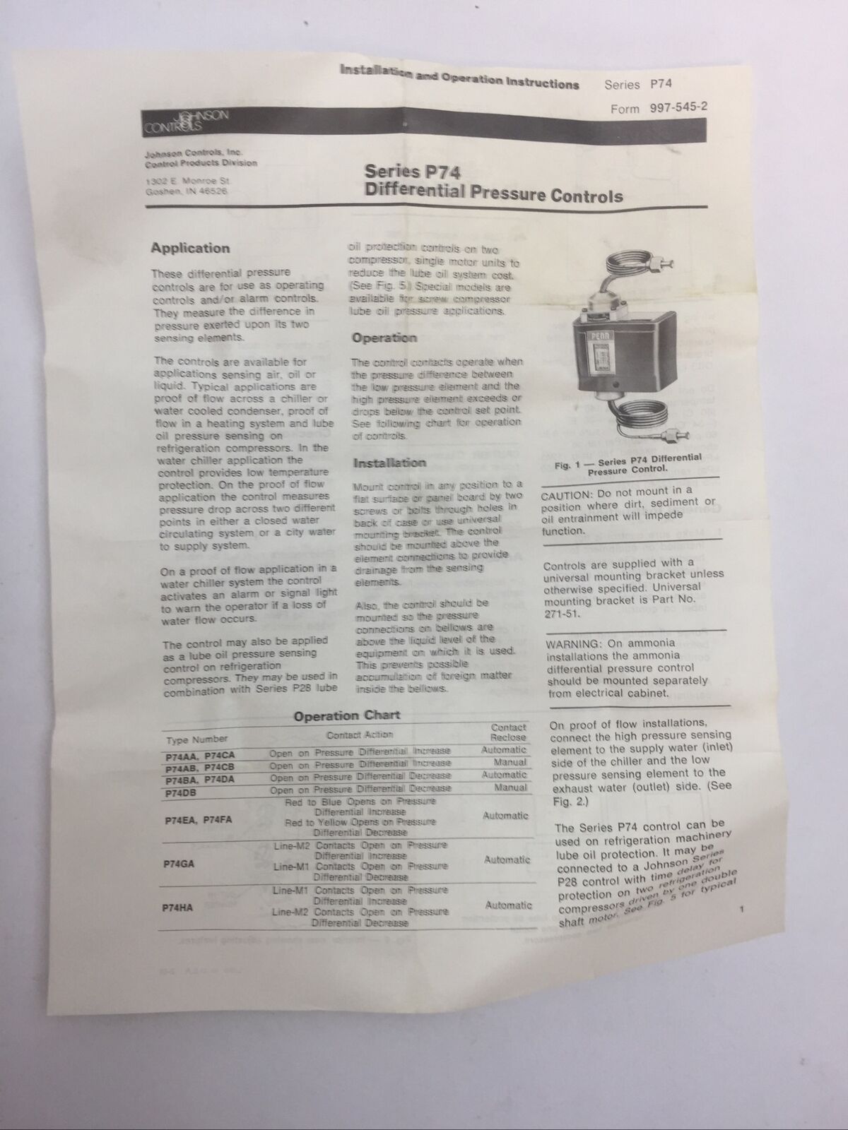 JOHNSON CONTROLS P74DA-8 DIFFERENTIAL PRESSURE CONTROL