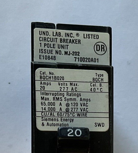 SIEMENS BQCH1B020 CIRCUIT BREAKER 20AMP 277VAC TYPE BQCH 1POLE ****LOTOF8****