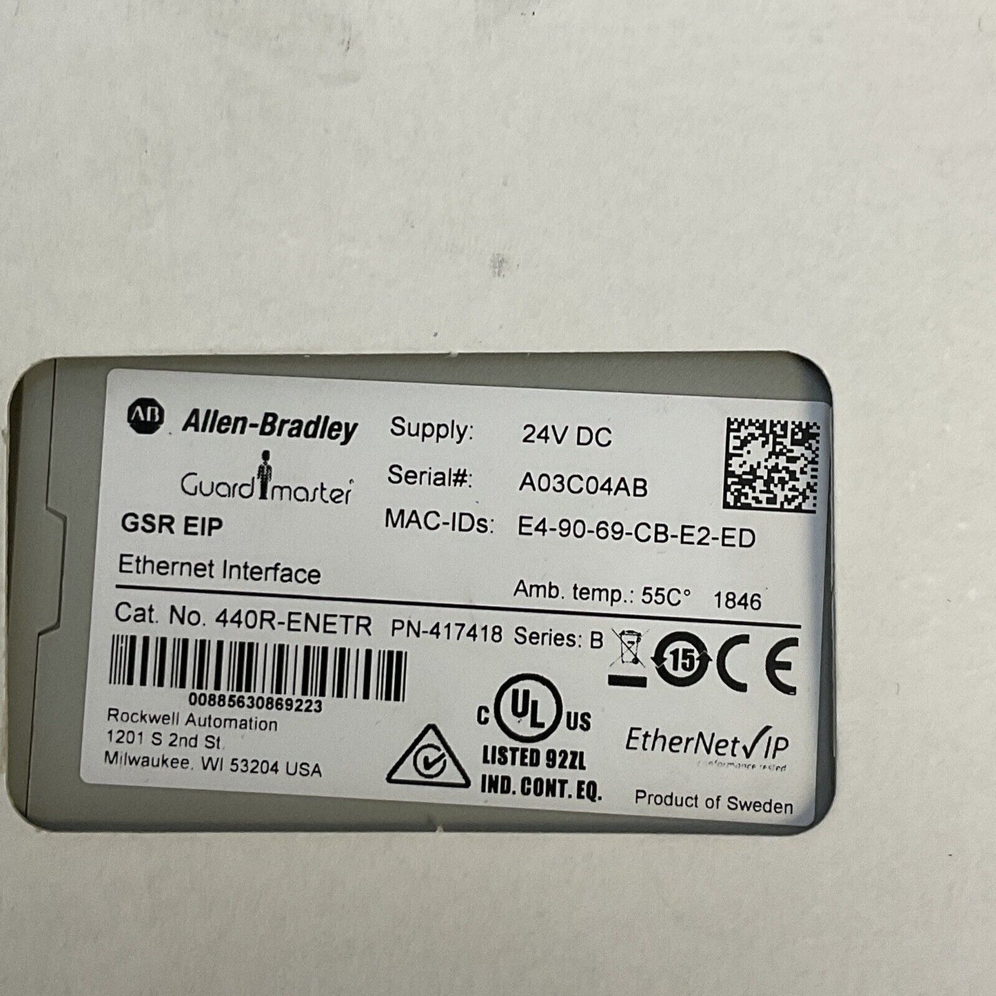 ALLEN BRADLEY 440R-ENETR GUARDMASTER GSR EIP ETHERNET INTERFACE SERIES B 24VDC