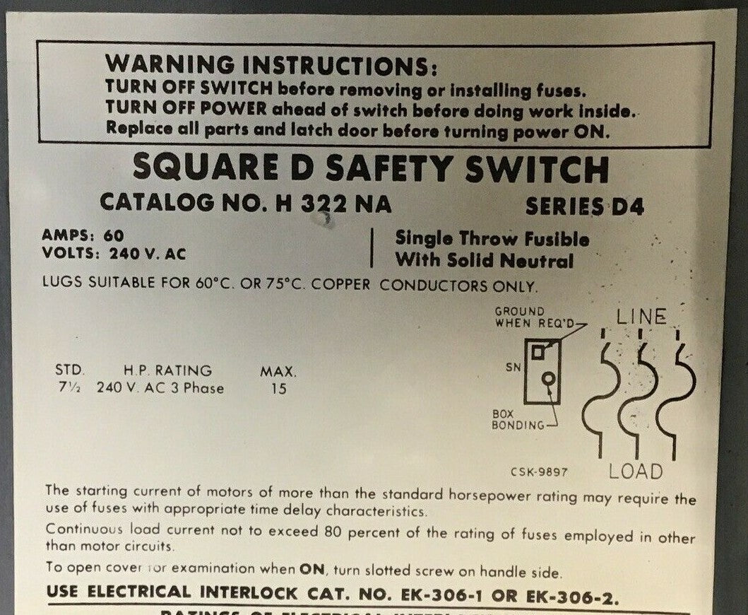 SQUARE D H322NA SAFETY SWITCH SER.D4 60A FUSIBLE 600VAC/VDC 240VAC 15HP