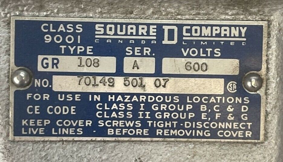 SQUARE D CLASS 9001 TYPE GR108 PUSHBUTTON START STATION SER A 600V