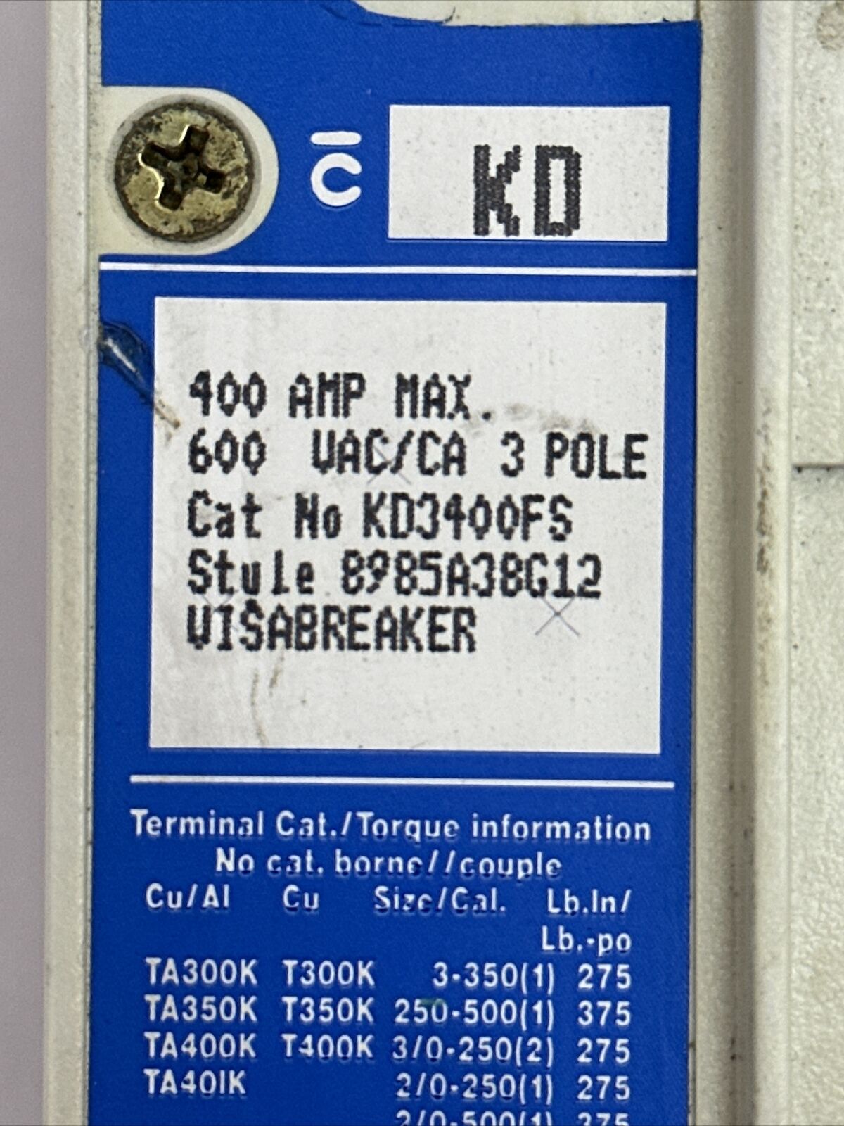 WESTINGHOUSE KD3400FS VISABREAKER 400A 600VAC/CA 3P 8985A38G12 KT3300T 300A TRIP