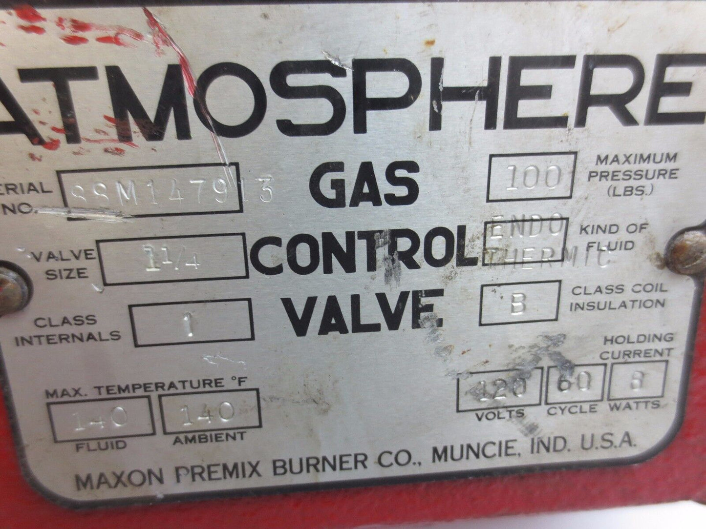 MAXON ATMOSPHERE GAS CONTROL VALVE - 1-1/4" 100psi, for ENDOTHERMIC FLUID 120V