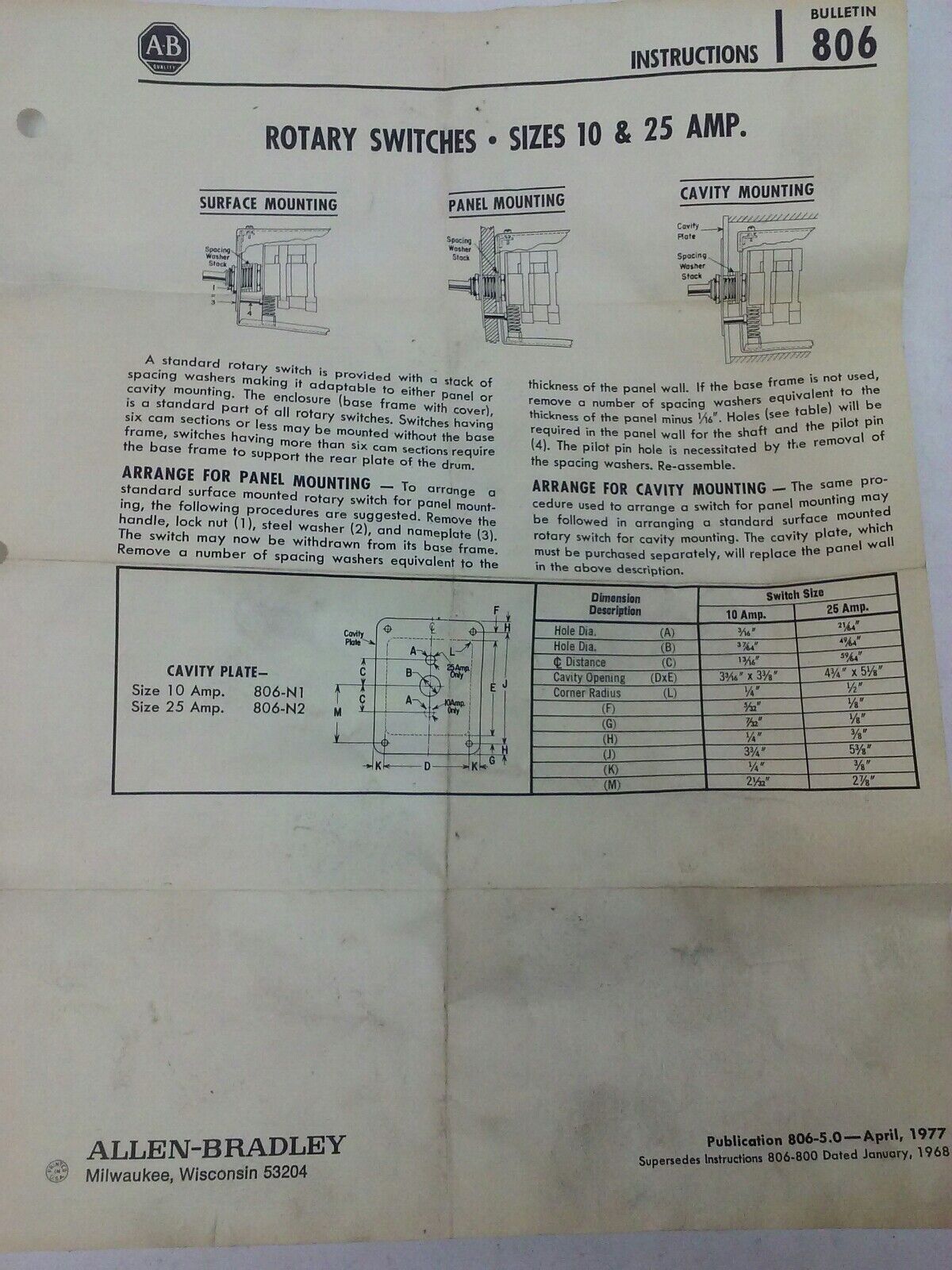 ALLEN BRADLEY BULLENTIN 806 J666731-1 SER. A, ROTARY PILOT SWITCH, 6 CIRCUITS