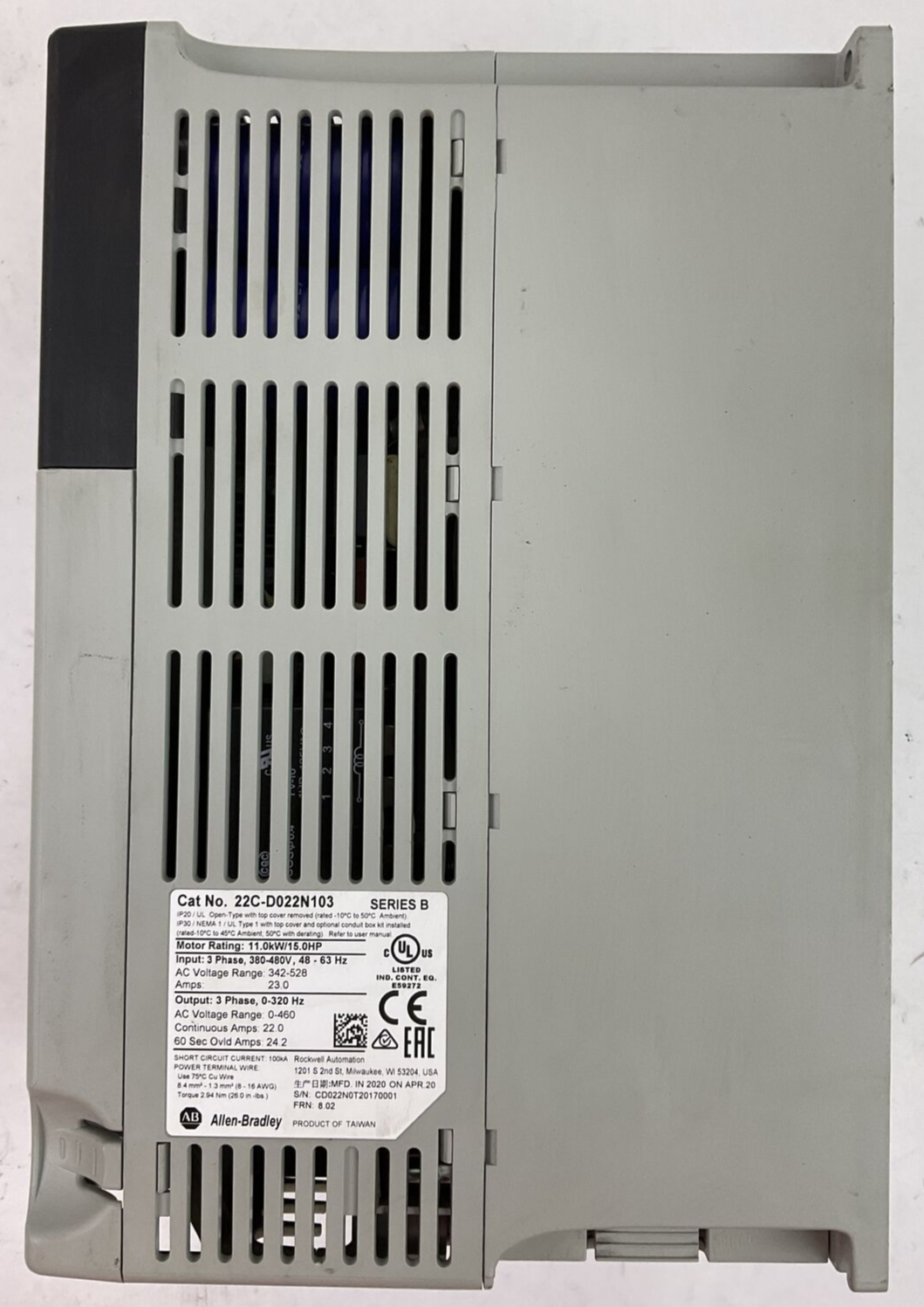 ALLEN BRADLEY 22C-D022N103 AC DRIVE SER B FRN 8.02 OUTPUT 0-460VAC