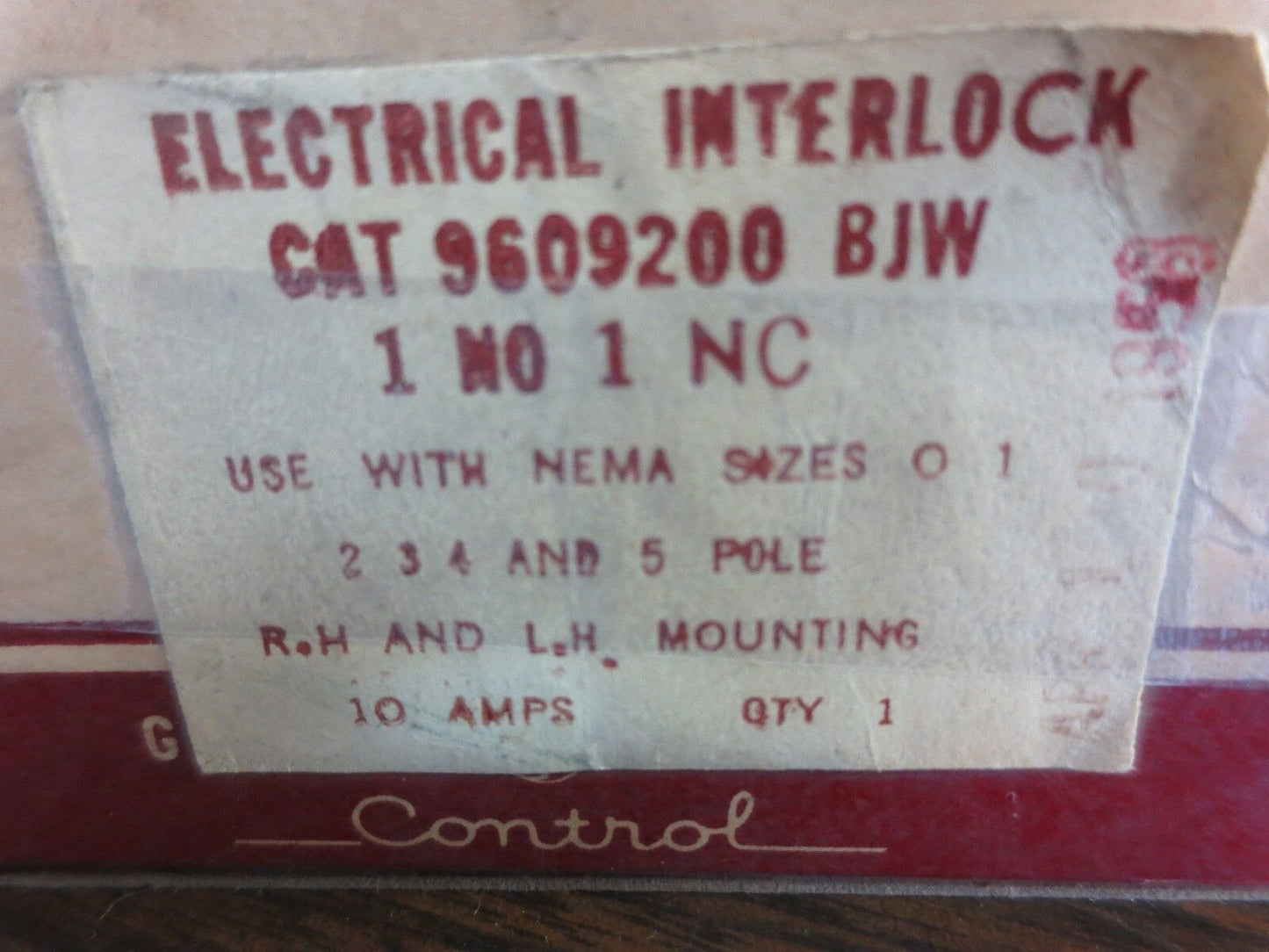GENERAL ELECTRIC CONTROL 9609200BJW ELECTRICAL INTERLOCK 1N.O./1N.C. NEW SURPLUS