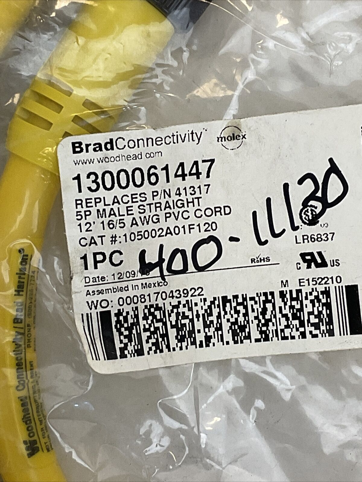 BRAD CONNECTIVITY 1300061447 CORDSET 5P MALE STRAIGHT REPLACES P/N 41317