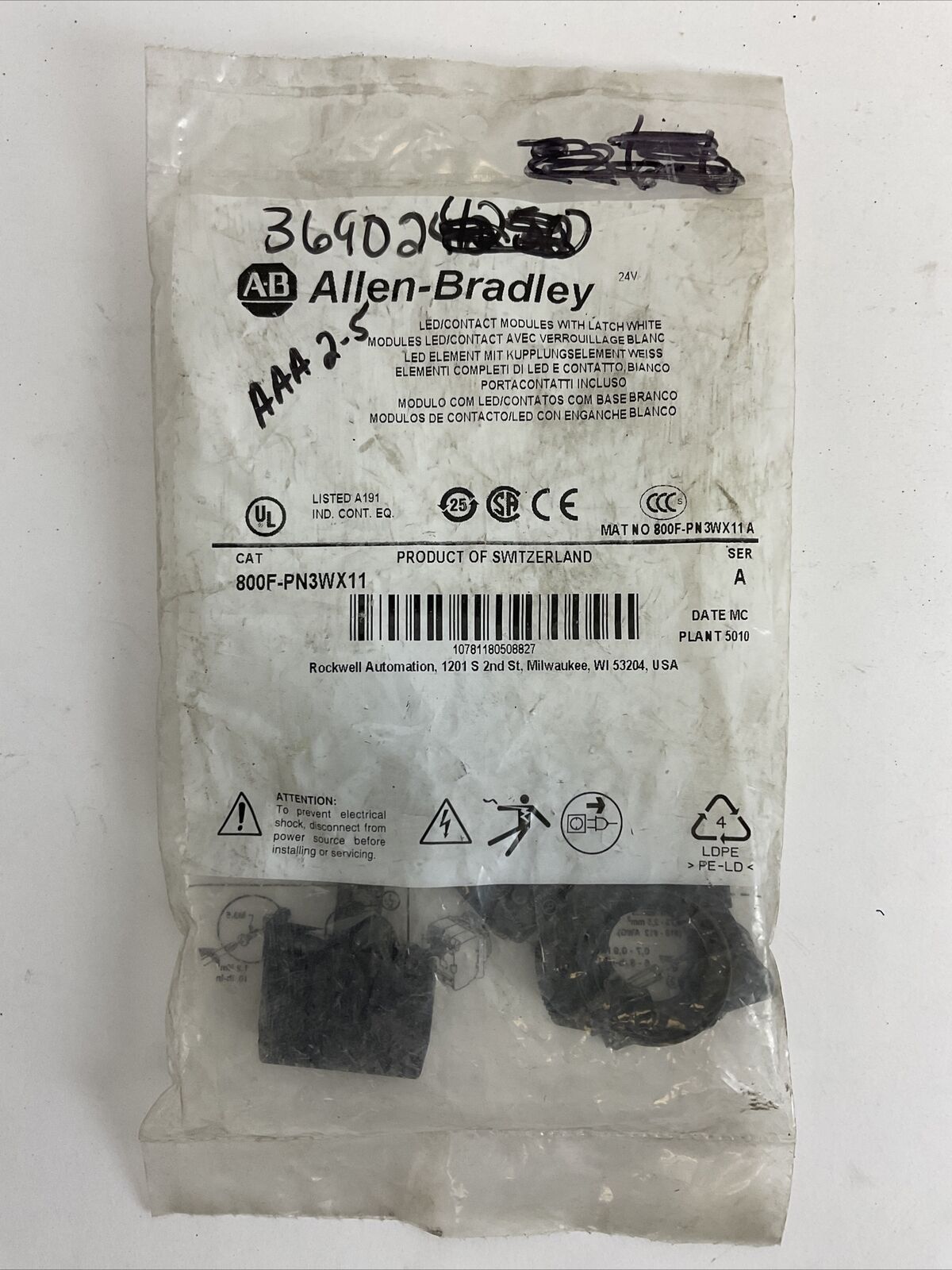 ALLEN BRADLEY 800F-PN3WX11 LED/CONTACT MODULES WITH LATCH WHITE