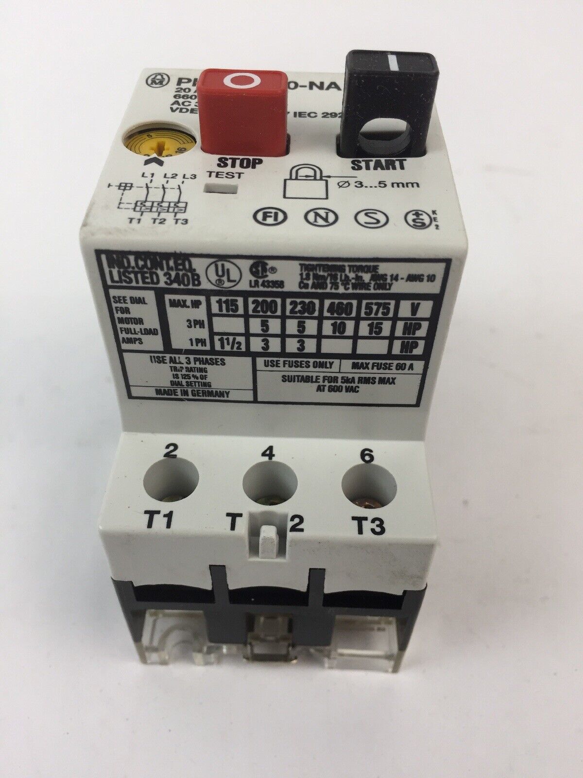 KLOCKNER MOELLER PKZM1-20 NA MANUAL MOTOR STARTER 16-20A 600VAC 15HP 3 PHASE