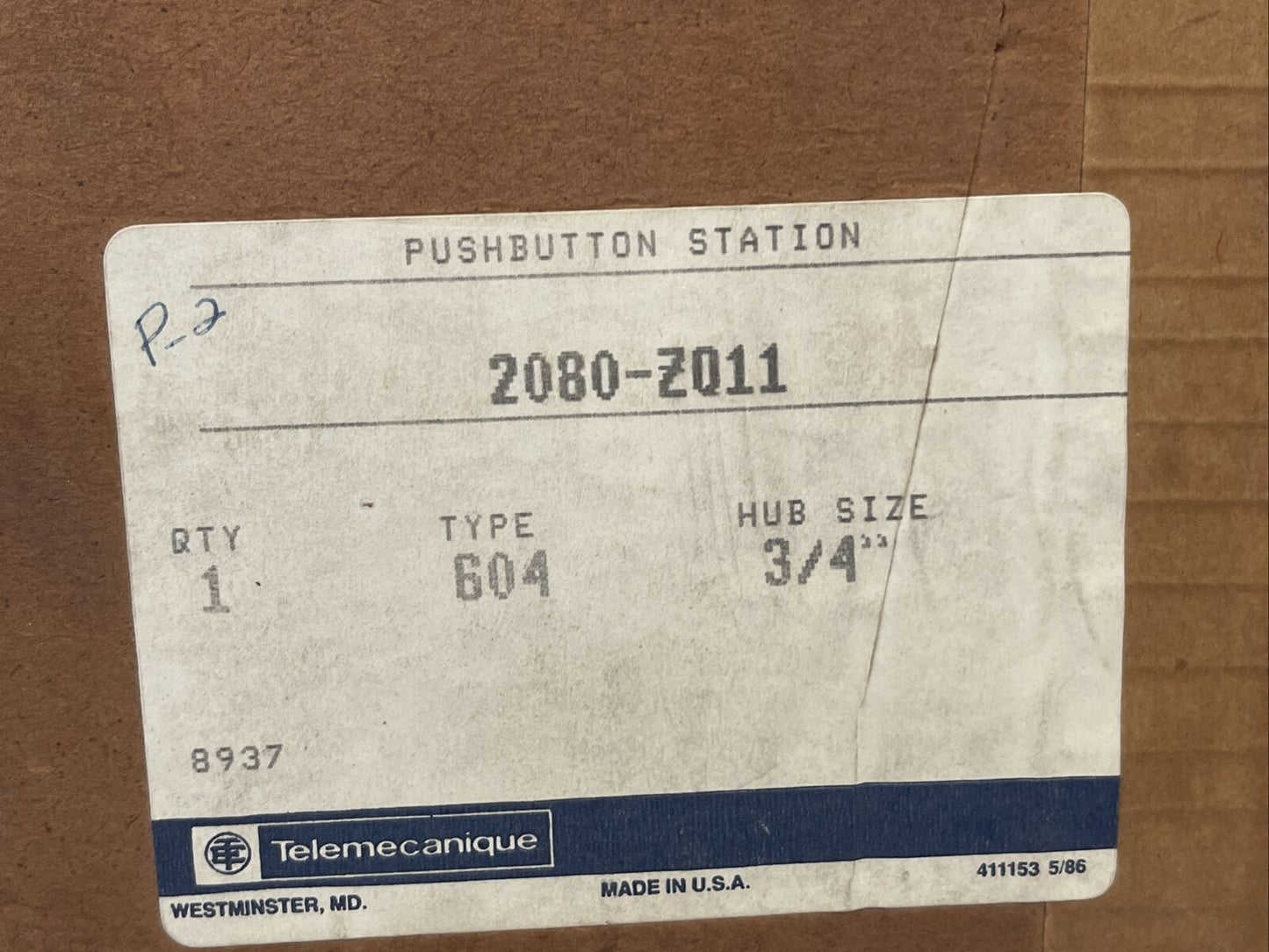 TELEMECANIQUE 2080-ZQ11 PUSHBUTTON STATION 600VAC