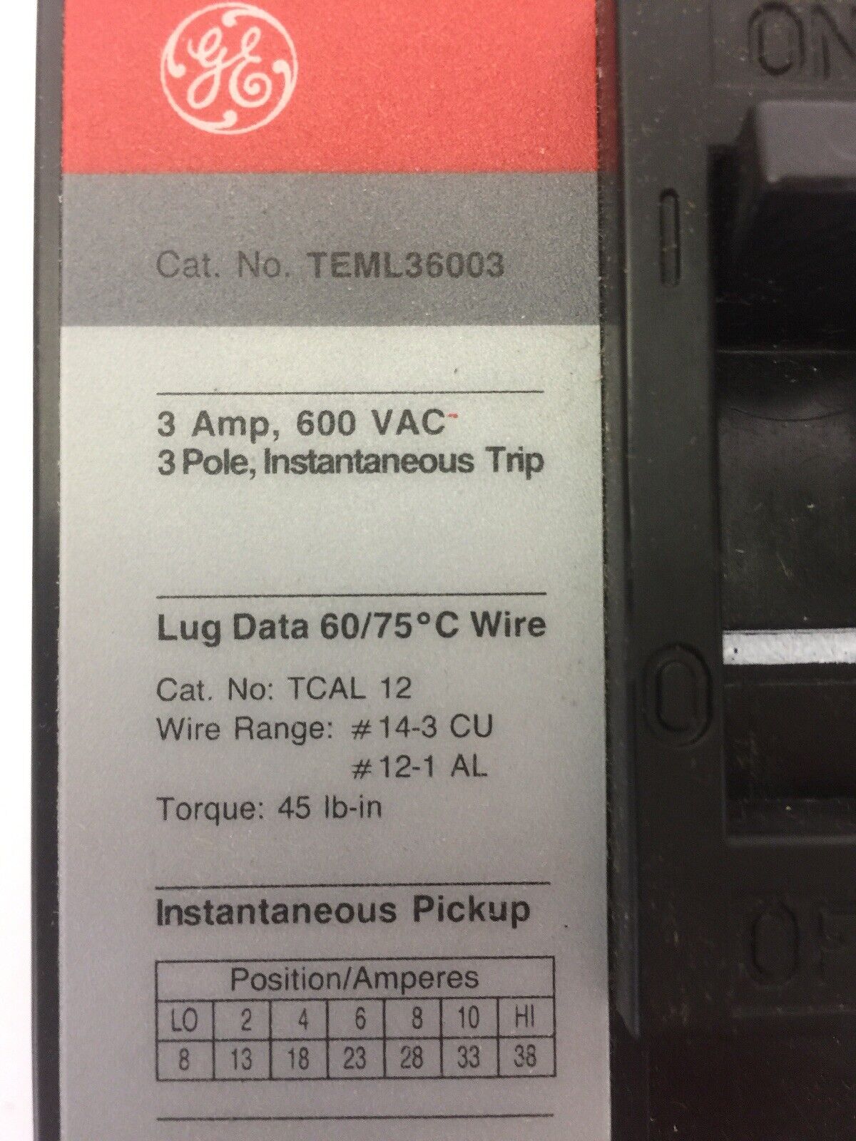 GE TEML36003 MAG-BREAK CIRCUIT BREAKER 3AMP 600VAC 3 POLE INSTANTANEOUS TRIP
