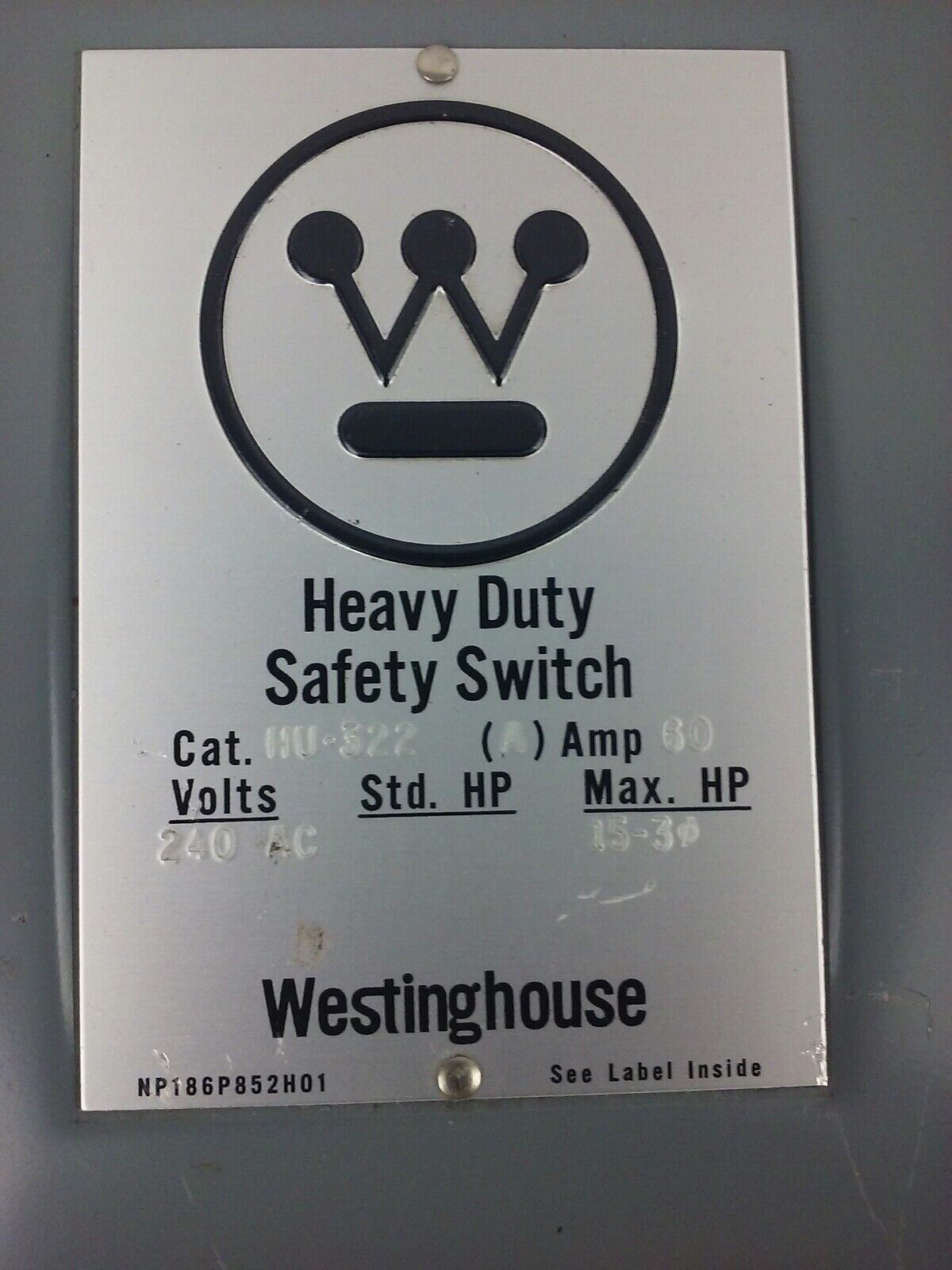 WESTINGHOUSE HU-322 SAFETY SWITCH 60A, 240V, 3P, NON FUSIBLE, 15-30 H.P., NEW