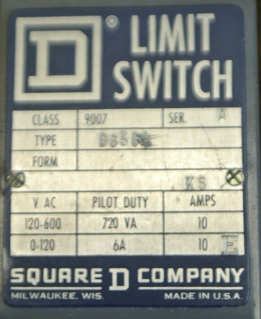 SQUARE D 9007 B65B2 LIMIT SWITCH / 0-120 VAC / 120-600VAC / 10A / NEW SURPLUS