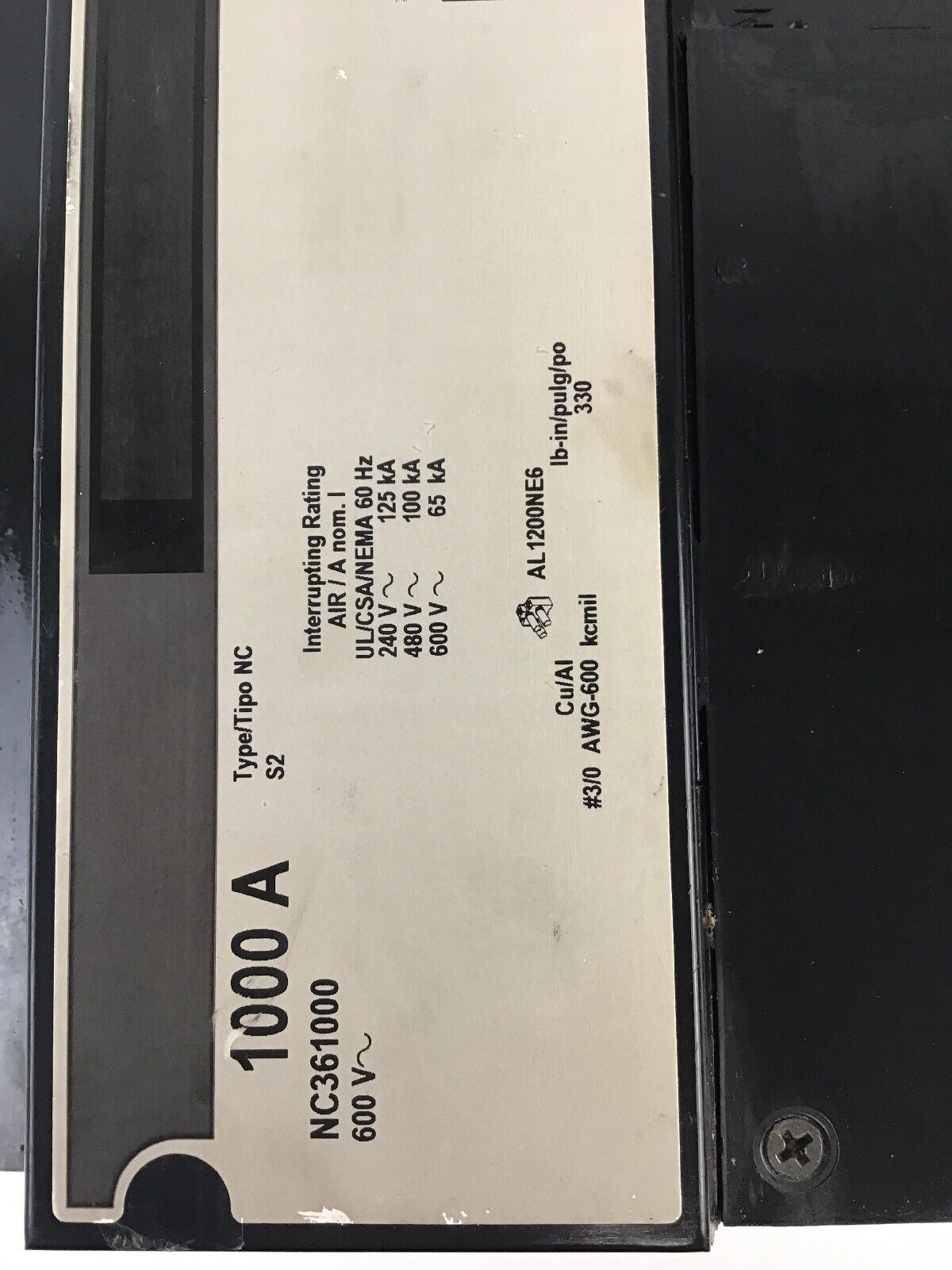 SQUARE D NC361000 600VAC/65kA CIRCUIT BREAKER INTERRUPTOR