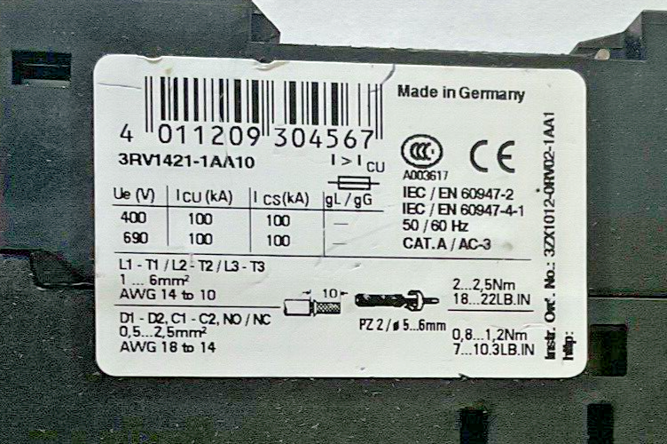 SIEMENS 3RV1421-1AA10 MOTOR CONTROL 3RV1901-1E 33A 480V***LOTOF2***