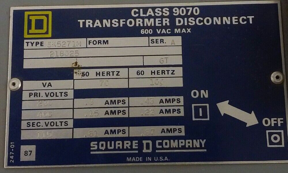 Square D Transformer Disconnect Switch Class 9070 TYPE SK5271M 100 VA 60 Hz NEW