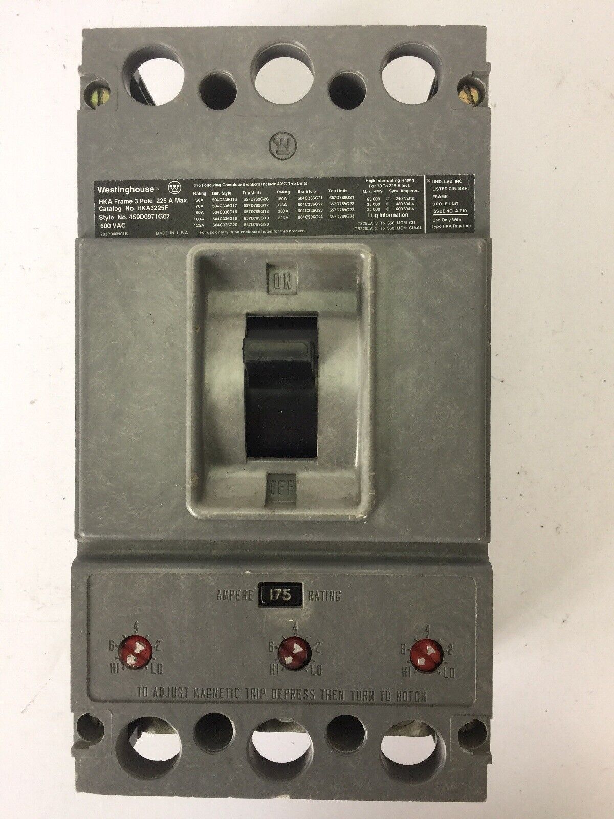 WESTINGHOUSE HKA3225F CIRCUIT BREAKER 600VAC 225A 3 POLE TRIP UNIT 175A
