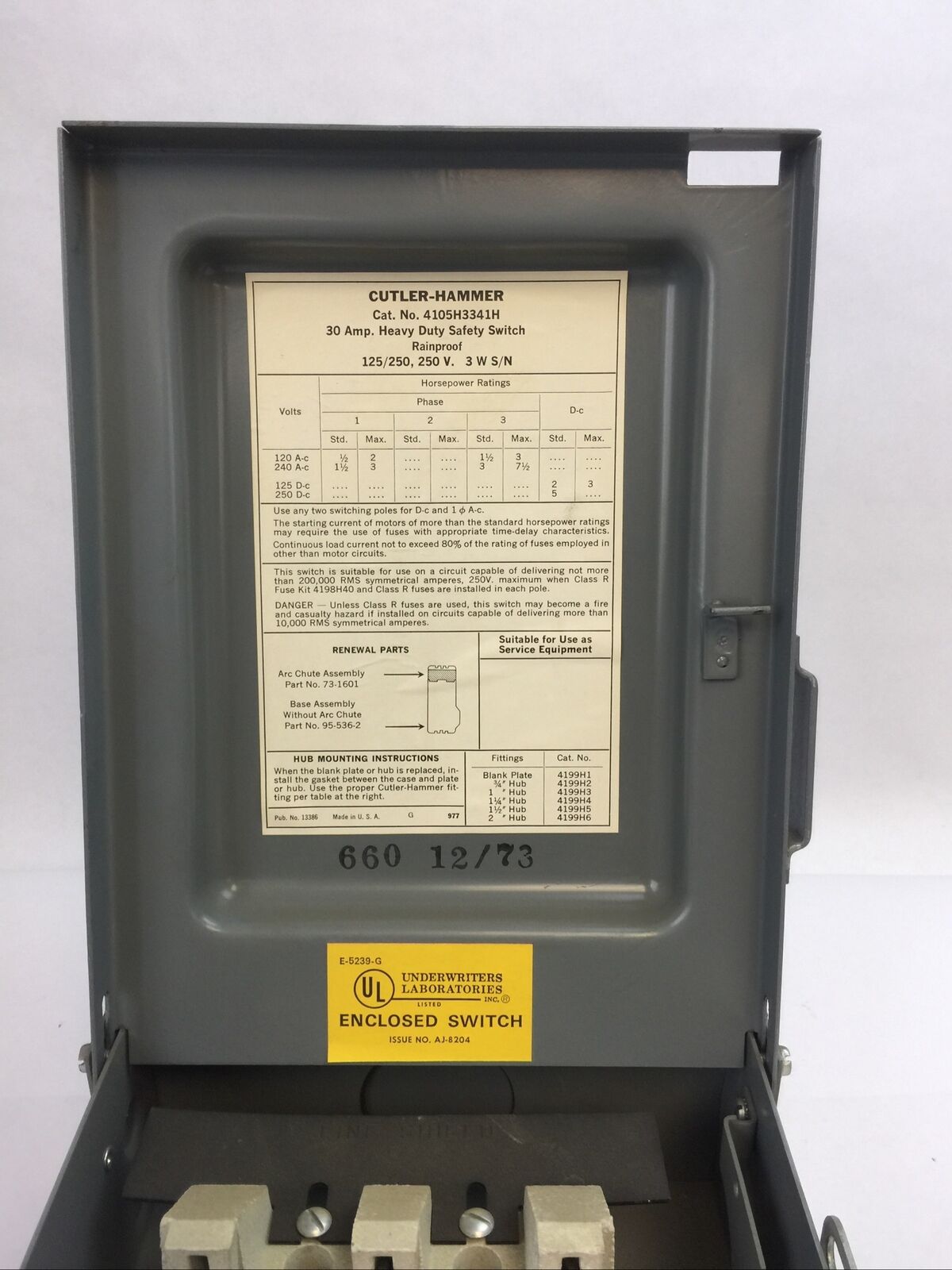 CUTLER HAMMER 4105H3341H FUSIBLE SAFETY SWITCH 30A 250VDC 240VAC 7.5HP RAINPRO