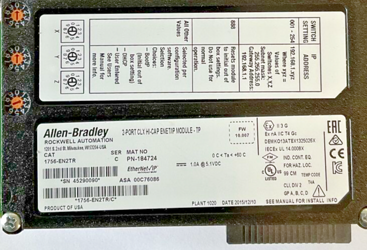 ALLEN BRADLEY 1756-EN2TR HI-CAP ENET/IP MODULE SER.C FW10.007 1A 5.1VDC