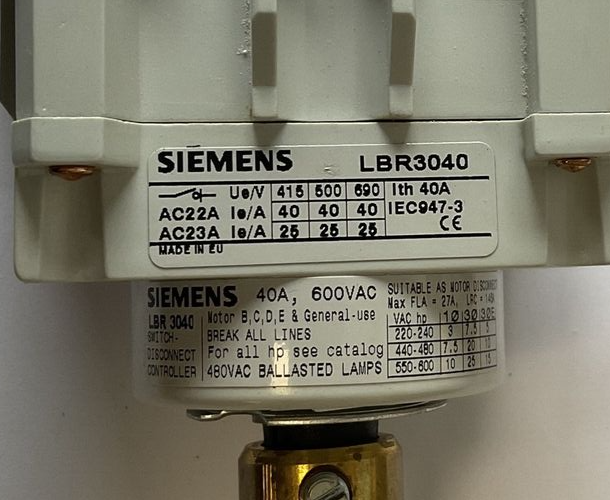 SIEMENS LBR3040 SWITCH DISCONNECT HANDLE 600VAC 40A