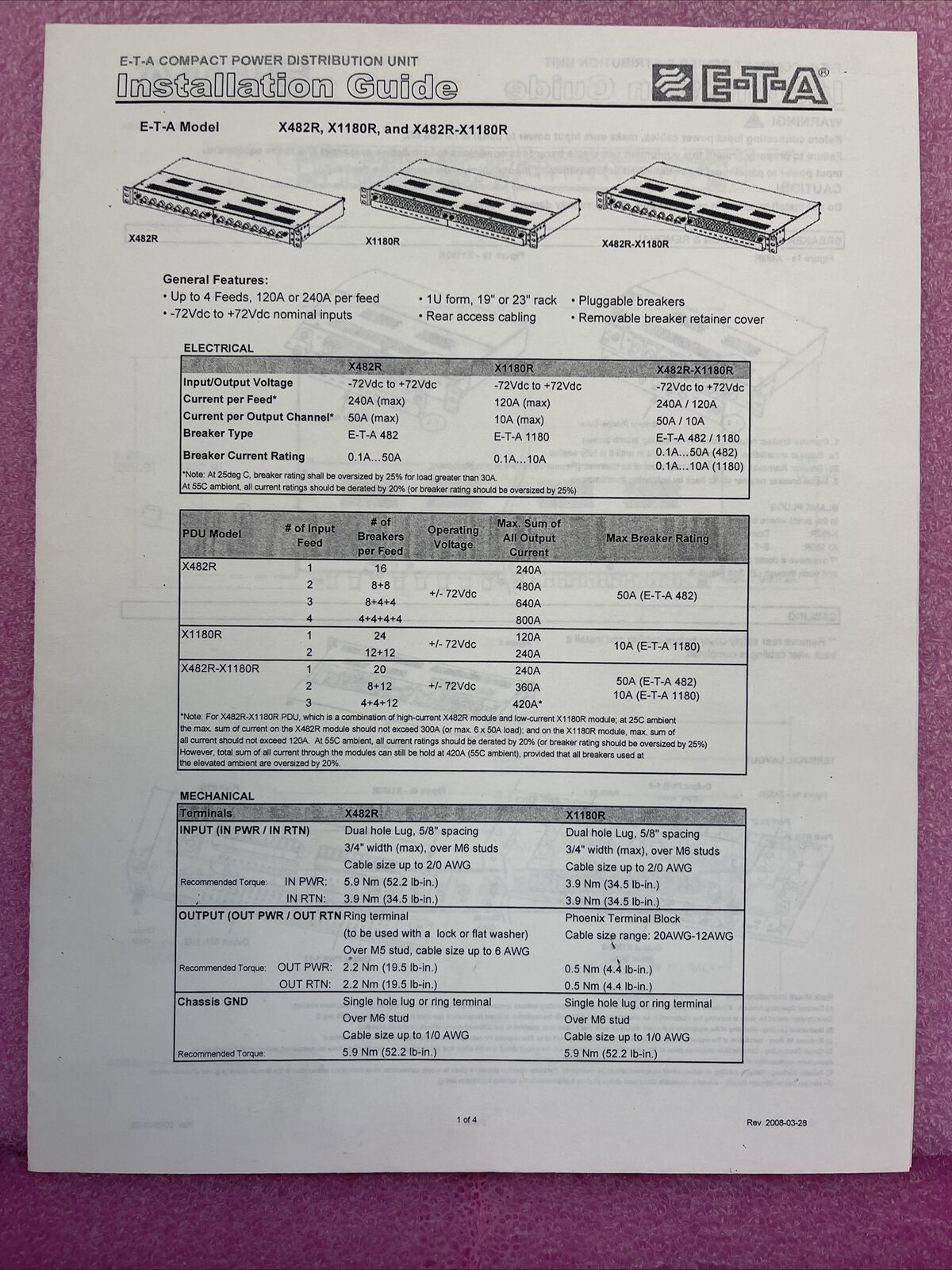 ETA X482R-S00-0500-4-44X44-19-048 COMPACT POWER DISTRIBUTION -72VDC..+72VDC 800A