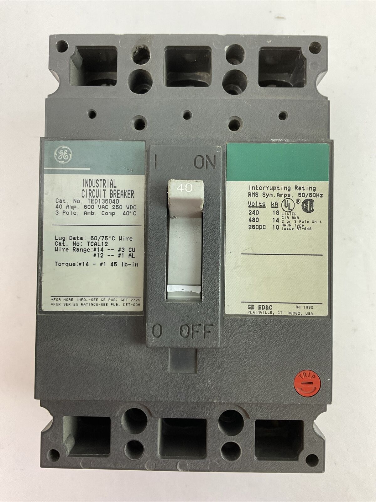 GE TED136040 40AMP 600VAC 250VDC 3POLE CIRCUIT BREAKER