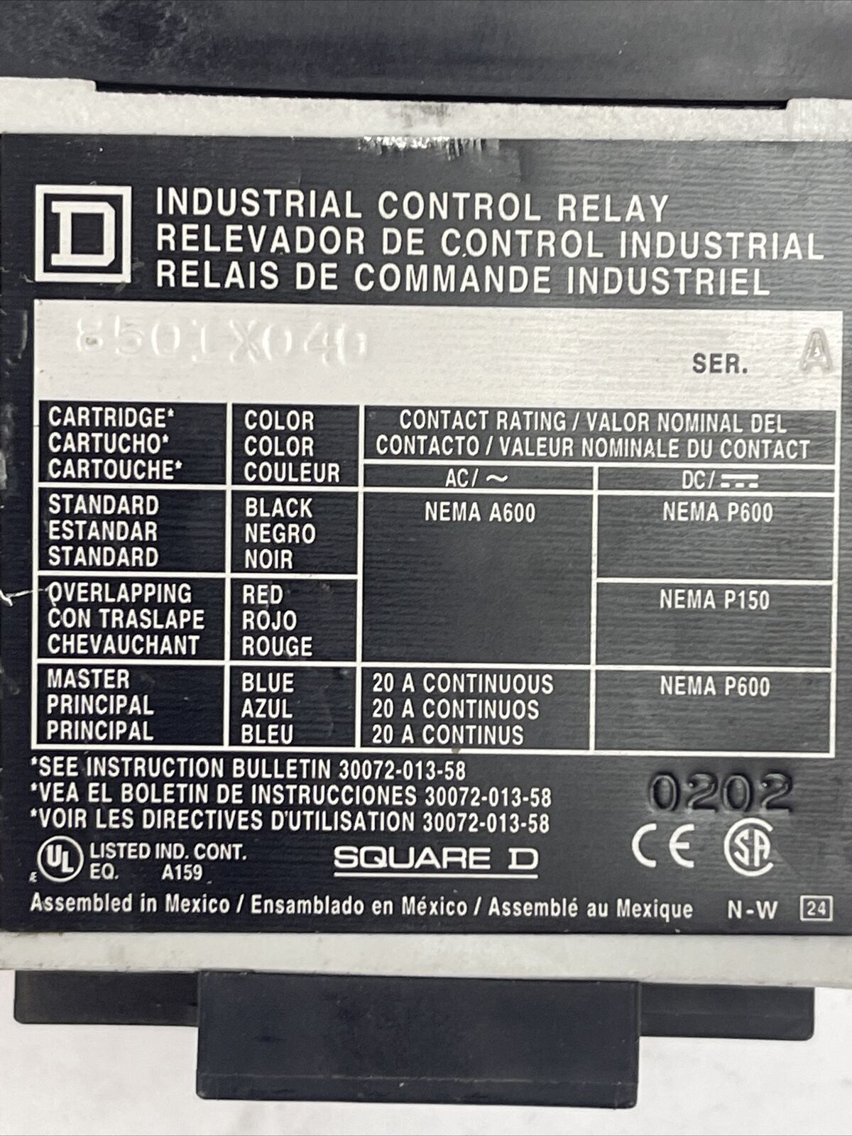 SQUARE D 8501X040 INDUSTRIAL CONTROL RELAY SER A COIL 120V 60HZ