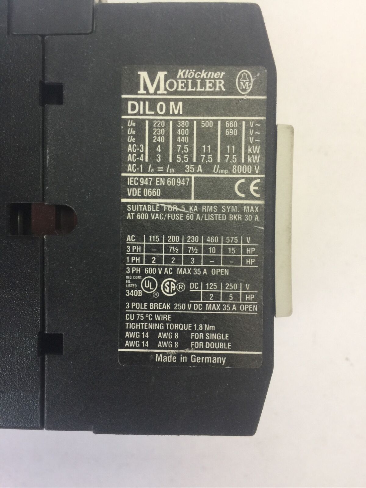 KLOCKNER MOELLER STARTER DIL 0M CONTACTOR 3POLE 250VDC 35A 15HP COIL 240V 60HZ