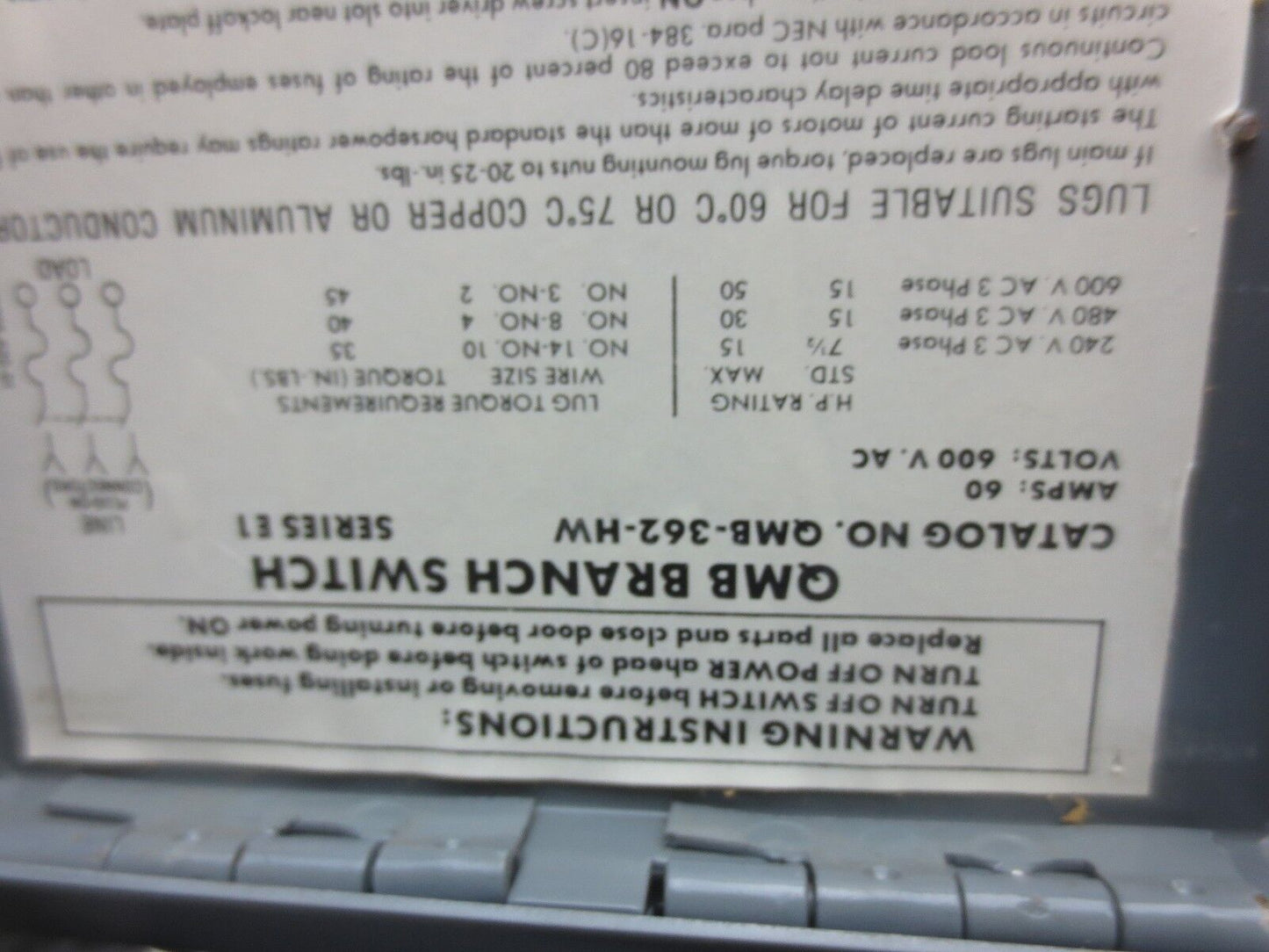 SQUARE D QMB362HW FUSIBLE PANELBOARD SWITCH - 60A, 3P, 600VAC
