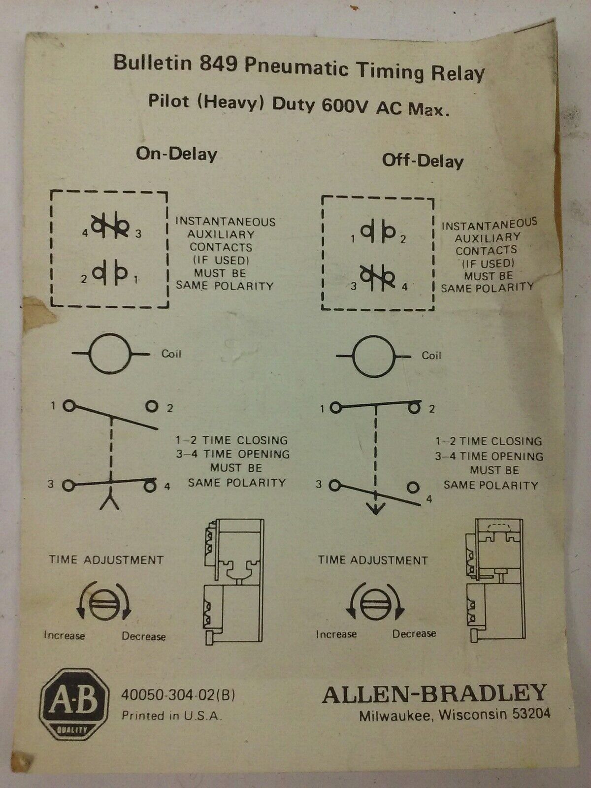 ALLEN BRADLEY 849-ZOH32, SER. B, PNEUMATIC TIMING RELAY, 208V-60HZ, NEW