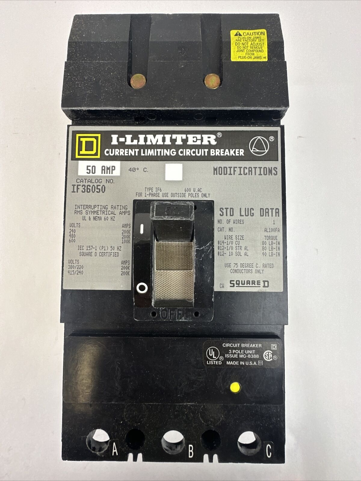 SQUARE D IF36050 50AMP 600VAC 3POLE I-LIMITER CURRENT LIMITING CIRCUIT BREAKER