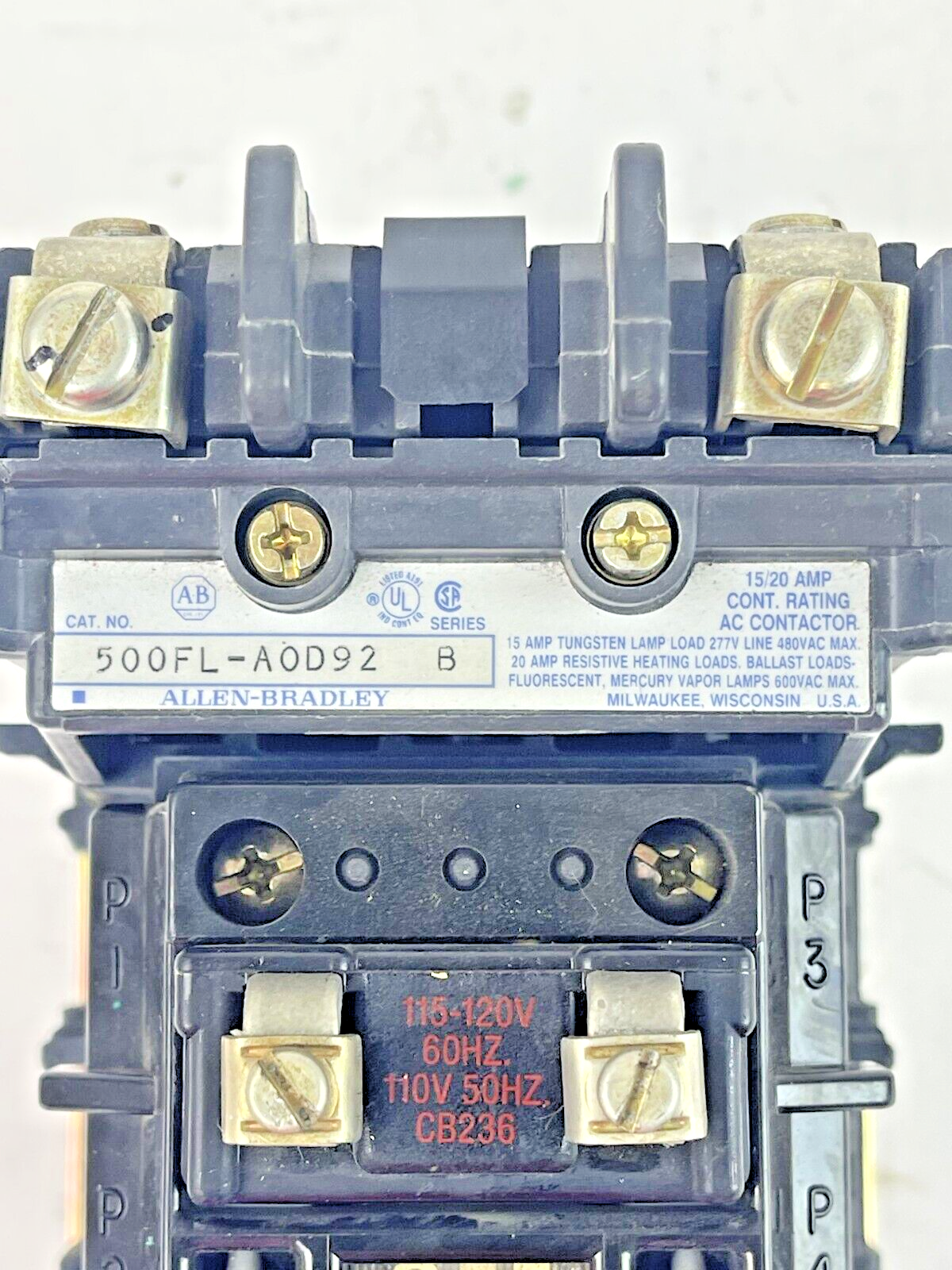 ALLEN BRADLEY - 500FL-AOD92 SER. B- AC LIGHTING CONTACTOR 15/20 AMP, 600 VAC