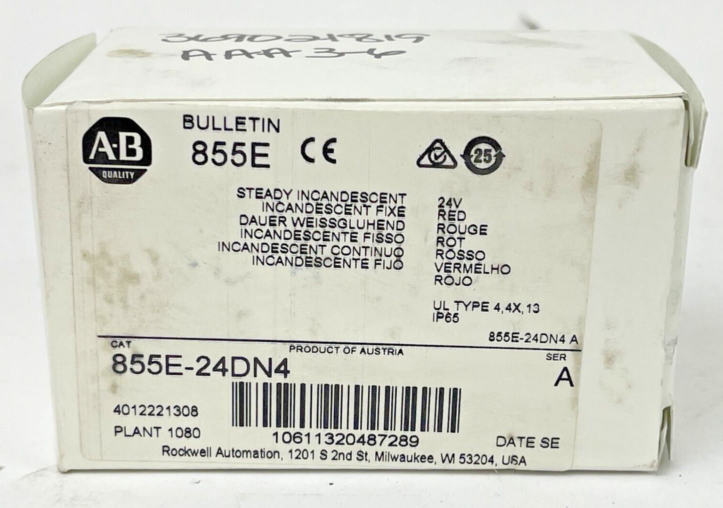 ALLEN BRADLEY - 855E-24DN4 - Ser. A - RED INCANDESCENT STEADY LIGHT - 24 VAC/VDC