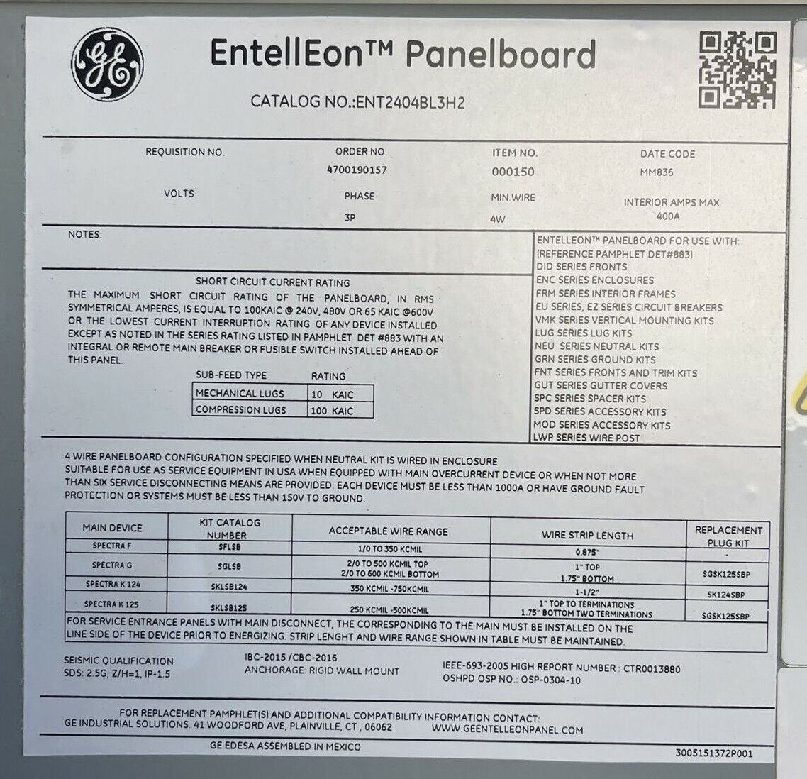 GE ENT2404BL3H2 ENTELLEON PANELBOARD 400A